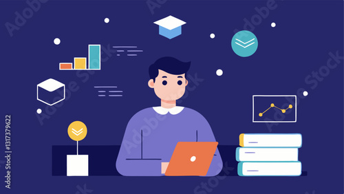 Learning and Growth A developer surrounded by books and online resources studying the latest trends in blockchain technology with infographics related to decentralized systems in