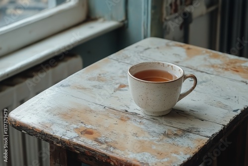 Warm Cup of Tea Resting on a Rustic Wooden Table Near a Window in a Cozy Indo...