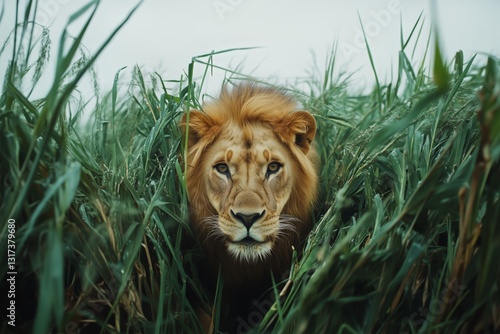 Lion Gazes From Tall Grass in a Vibrant Green Landscape During Daylight