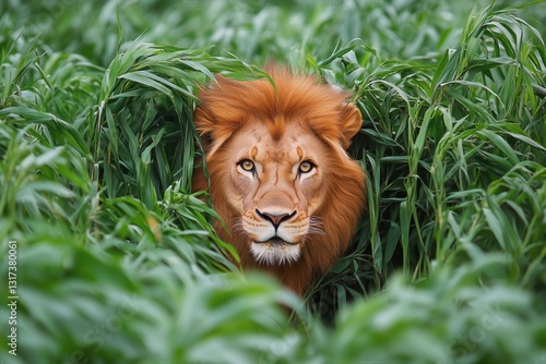 Lion Gazes From Tall Grass in a Vibrant Green Landscape During Daylight