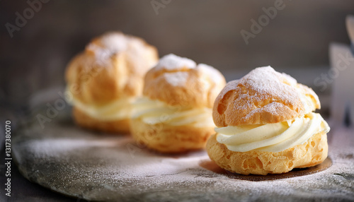 Fluffy and golden cream puffs with rich vanilla custard. Decadent Italian pastry. Sweet dessert.
