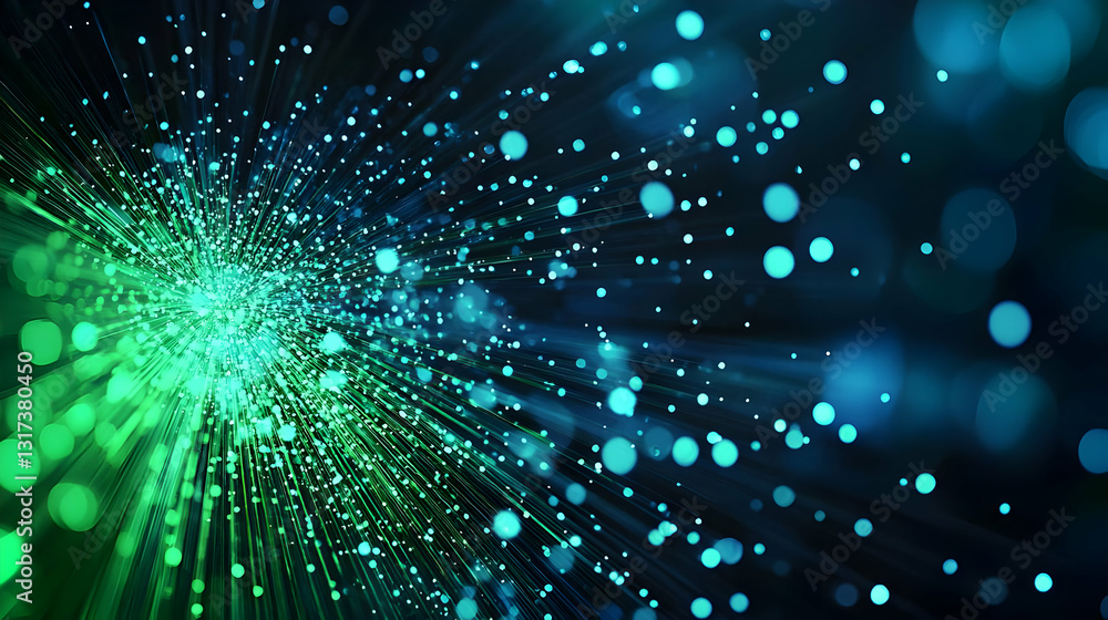 Dynamic Explosion Of Green And Blue Particles Against A Dark Background Abstract Digital Art With Motion Blur And Bokeh Effect Dynamic Explosion Of Green And Blue Particles Against A Dark Background Abstract Digital Art With Motion Blur And Bokeh Effect