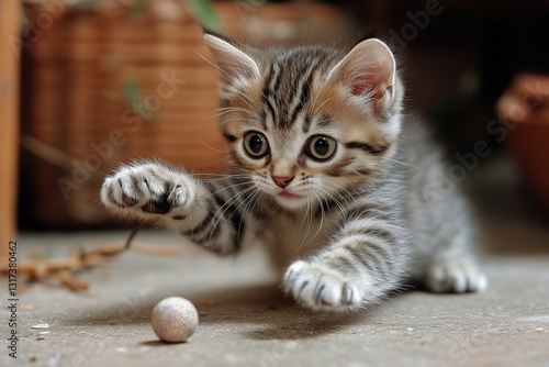 Playful Kitten Chases Colorful Ball in a Cozy Indoor Setting During Daylight ...