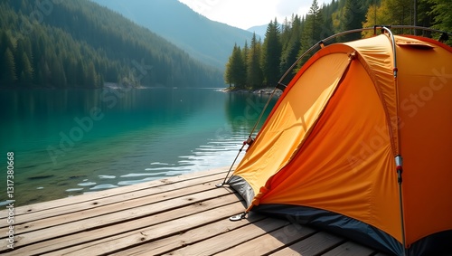 Fototapeta Naklejka Na Ścianę i Meble -  A photograph of a bright orange tent pitched on a wooden dock, with a calm, turquoise lake in the background