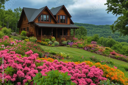 Beautiful Garden With Colorful Flowers Surrounding a Charming Wooden House on...