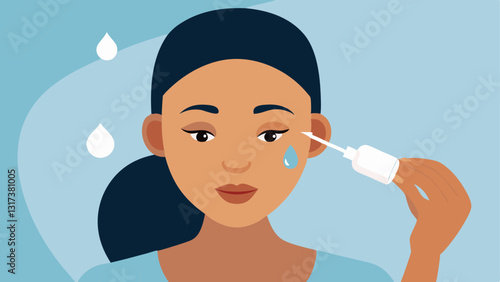 Serum Application A closeup of a womans face with a the applying a clear smooth serum using a dropper. Illustrate the serum glowing to signify its revitalizing properties.