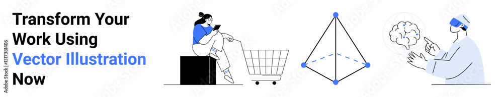 Woman shopping online, 3D modeling shape with nodes, AI-powered brain analysis. Ideal for e-commerce, design, AI, technology, education innovation and digital solutions. Flat landing page banner