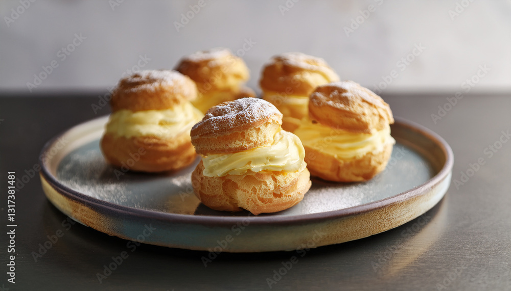 Fluffy and golden cream puffs with rich vanilla custard. Decadent Italian pastry. Sweet dessert. Fluffy and golden cream puffs with rich vanilla custard. Decadent Italian pastry. Sweet dessert.