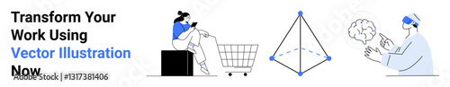 Woman shopping online, 3D modeling shape with nodes, AI-powered brain analysis. Ideal for e-commerce, design, AI, technology, education innovation and digital solutions. Flat landing page banner