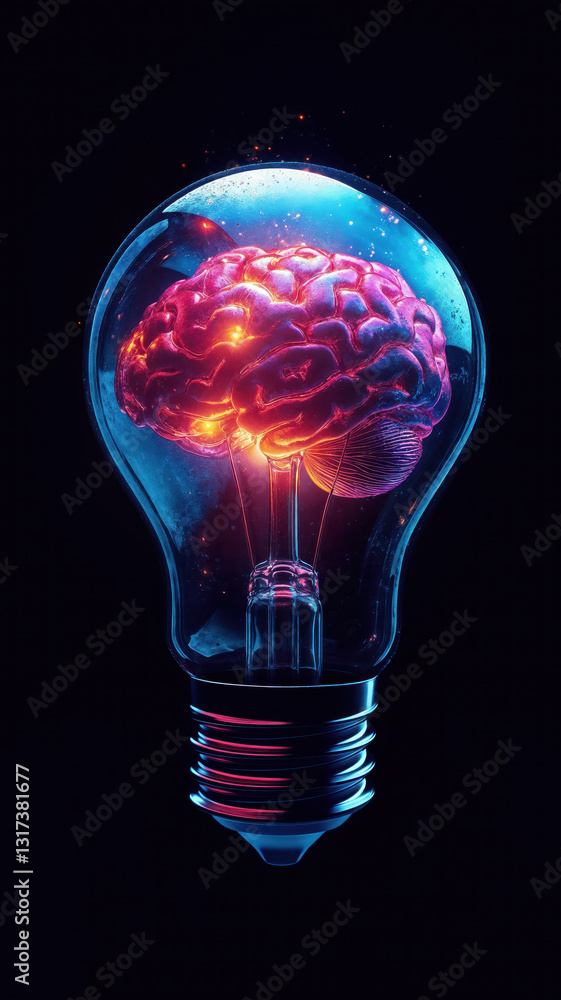 Glowing brain inside light bulb symbolizing innovation and creativity Glowing brain inside light bulb symbolizing innovation and creativity