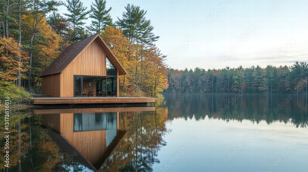 Obraz premium Lake House Oasis: An architectural marvel, this lake house perfectly blends modern design with its serene natural surroundings, its reflection mirroring in the calm waters.