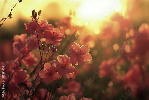 Quiet Sunset Over a Field of Blooming Flowers in the Forest