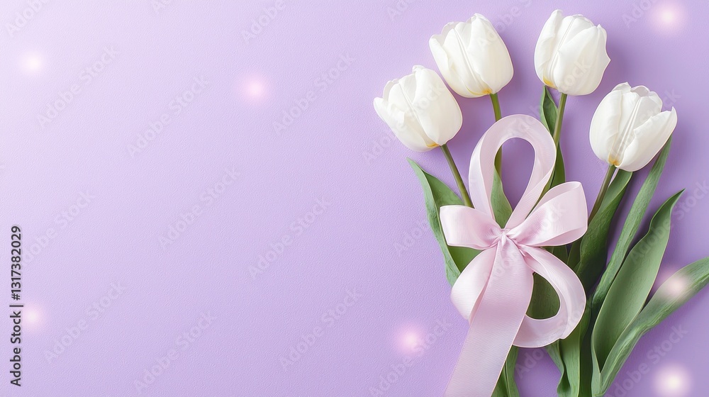 Fototapeta premium White tulips with pink ribbon on purple background.