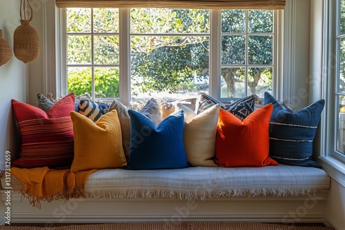 Cozy Window Seat Adorned With Colorful Pillows in Bright Living Space Surroun...