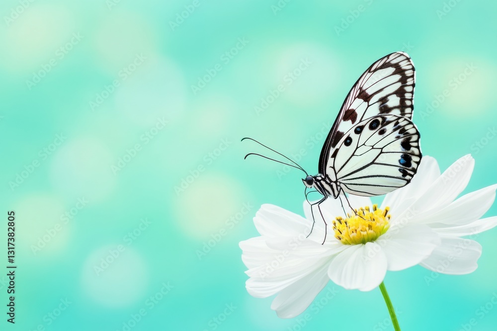 Fototapeta premium Butterfly rests gently on a fresh spring flower in a dreamy, soft-focus background with a fairytale atmosphere