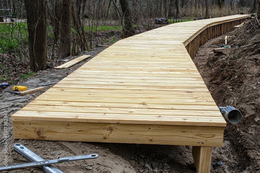 Fototapeta premium Wooden boardwalk winding through a forest. Natural setting