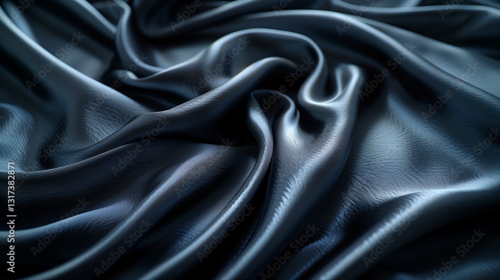 Fototapeta premium A rich dark blue fabric with deep folds and glossy texture reflecting light in a dramatic and luxurious manner