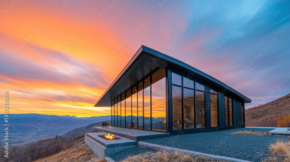 A breathtaking luxury cabin perched on a mountainside, bathed in the rich hues of a sunset A breathtaking luxury cabin perched on a mountainside, bathed in the rich hues of a sunset