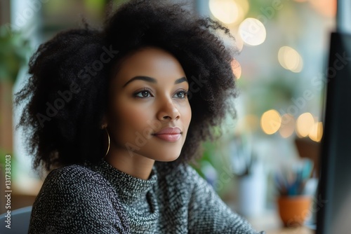 Young Woman With Curly Hair and Glasses Focuses Intently in a Cozy Cafe Setti...