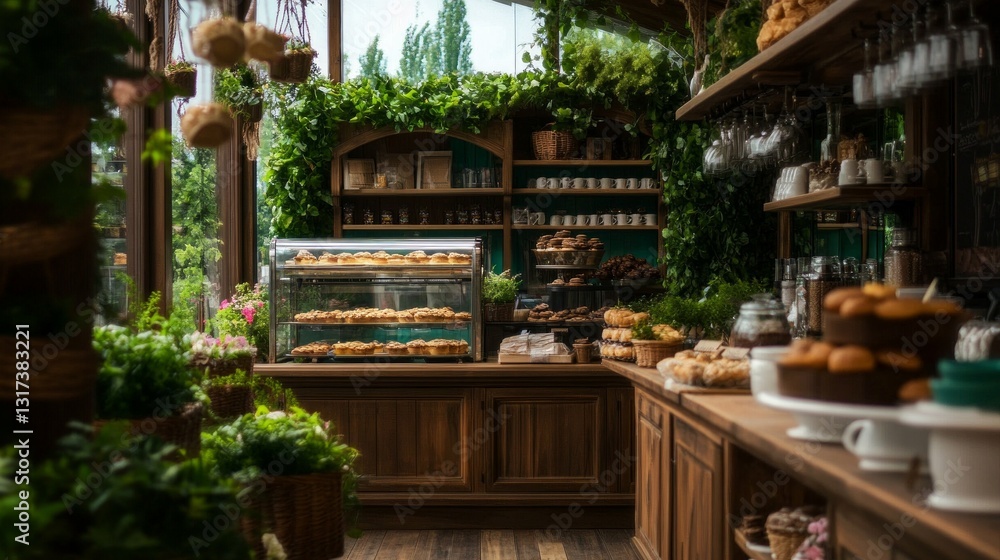 Fototapeta premium Pastries and baked goods displayed in a charming bakery with lush greenery.