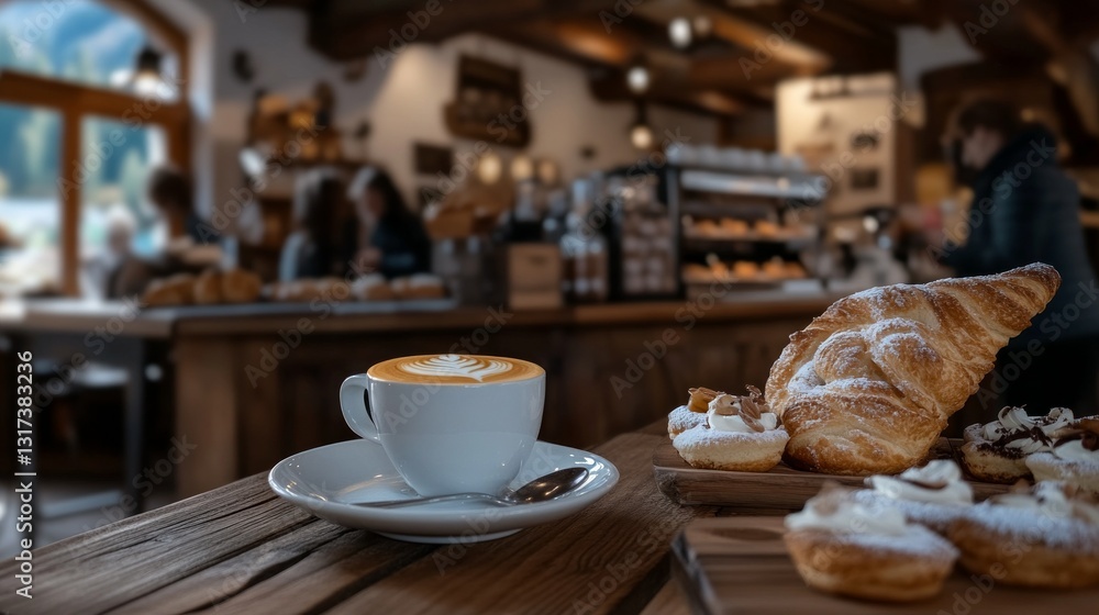 A cup of latte art sits on a rustic wooden table alongside pastries in a cozy cafe. A cup of latte art sits on a rustic wooden table alongside pastries in a cozy cafe.