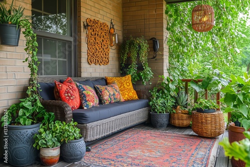 Cozy Outdoor Seating Area With Warm Colors and Vibrant Flowers on a Sunny Day