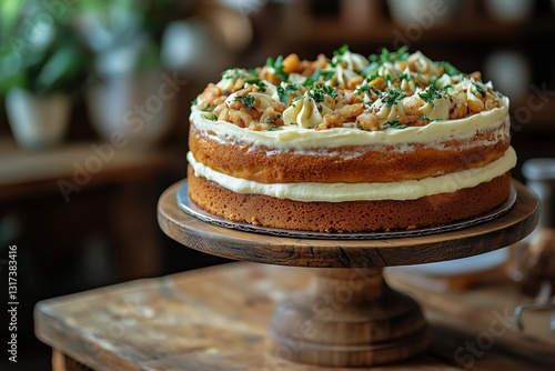 Creamy Cheesecake With Chocolate Topping on Rustic Wooden Table