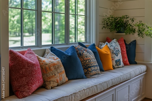 Cozy Window Seat Adorned With Colorful Pillows in Bright Living Space Surroun...