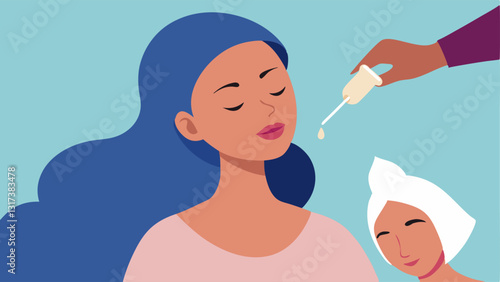 Serum Application An illustration of a woman reclining with closed eyes while a cosmetic professional gently applies a serum to her face using a dropper representing the use of