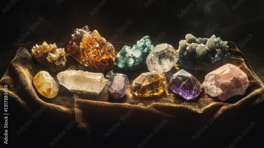 Collection of colorful crystals and minerals on dark velvet. Collection of colorful crystals and minerals on dark velvet.