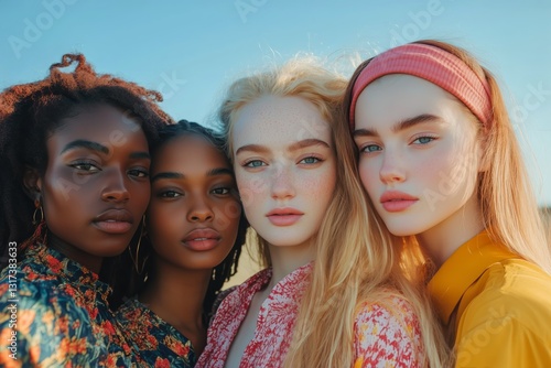 Four Diverse Young Women Posing Together Outdoors at Golden Hour in a Serene ...