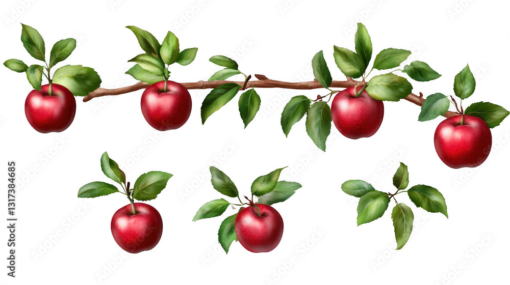 Obraz premium Fresh Red Apples on a Branch with Green Leaves in Nature