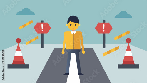 Roadblock Signs on the Artist Path A cartoon artist walking down a road filled with roadblock signs labeled low royalties competition and limited exposure symbolizing the barriers