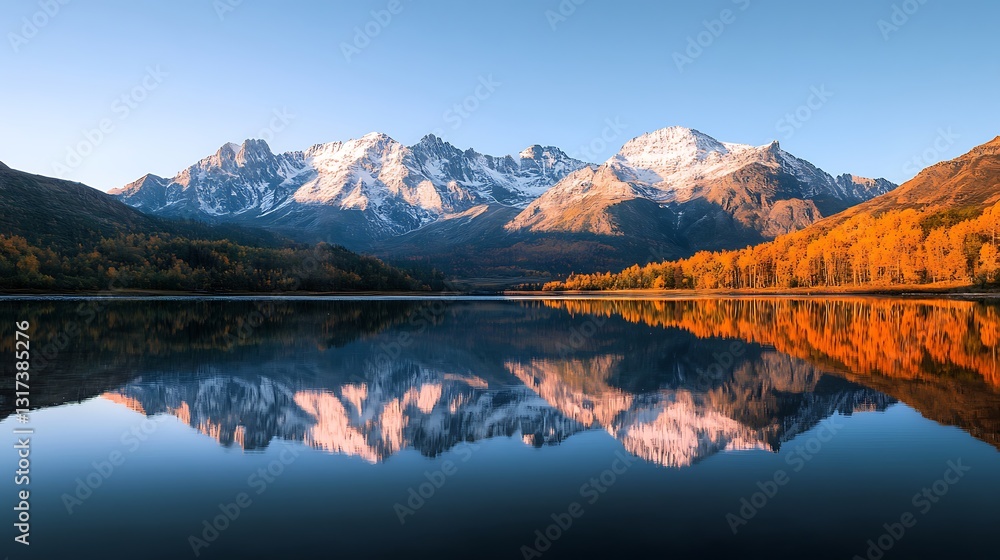 Reflecting Peaks: Serene Lake Scene with Autumnal Forests and Majestic Snow-Capped Mountains at Sunrise. Reflecting Peaks: Serene Lake Scene with Autumnal Forests and Majestic Snow-Capped Mountains at Sunrise.