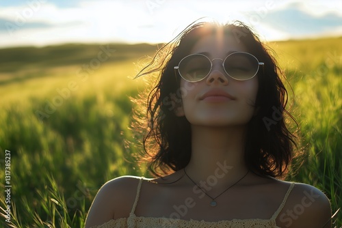 Woman Enjoying Sunset in a Grassy Field While Wearing Sunglasses and Showing ...