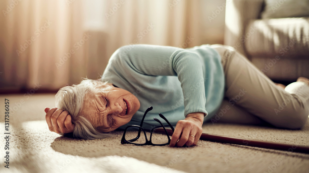 Obraz premium Elderly woman lying on floor, near eyeglasses and cane, suggesting a fall accident Depicts vulnerability and need for elderly care