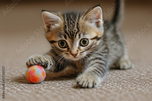 Playful Kitten Chases Colorful Ball in a Cozy Indoor Setting During Daylight ...