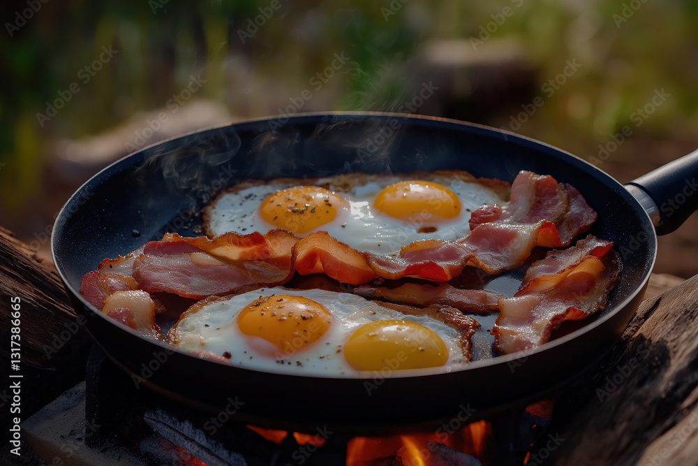 Breakfast cooking outdoors with bacon and eggs over an open flame at a campsite Breakfast cooking outdoors with bacon and eggs over an open flame at a campsite