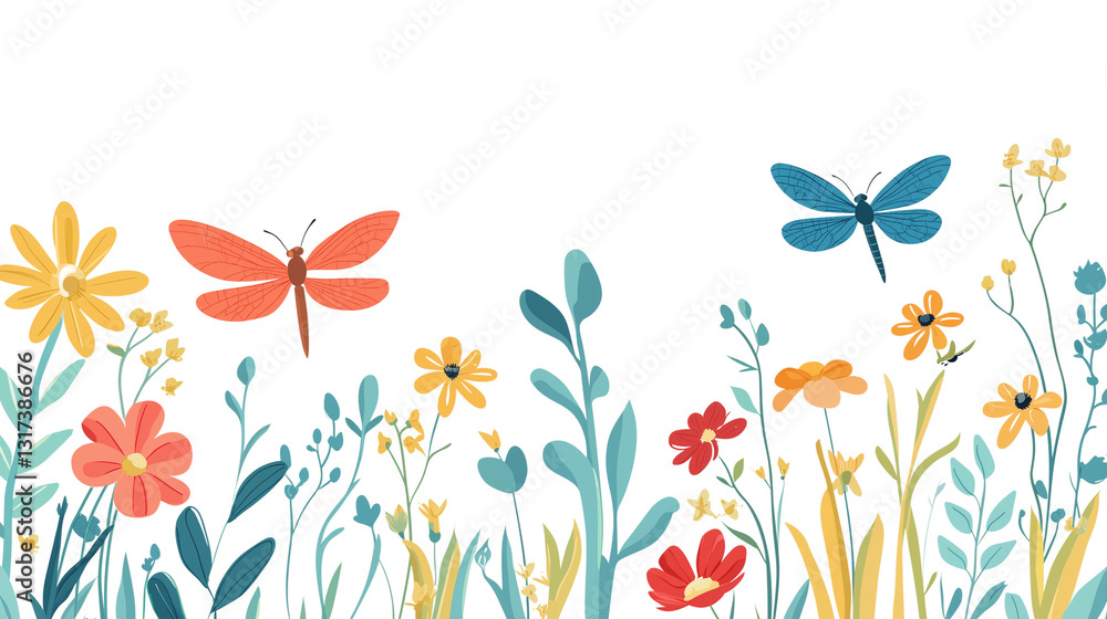 Fototapeta premium Floral Meadow with Butterflies – Colorful Spring Illustration Isolated on Transparent Background