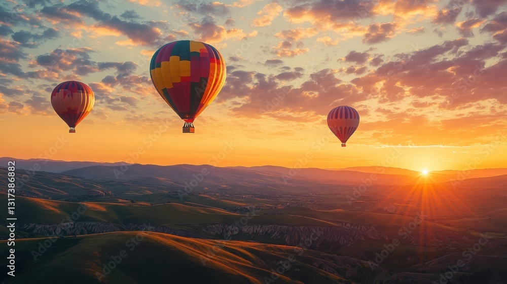 Obraz premium A collection of colorful hot air balloons floats above rolling hills, silhouetted against a stunning sunset