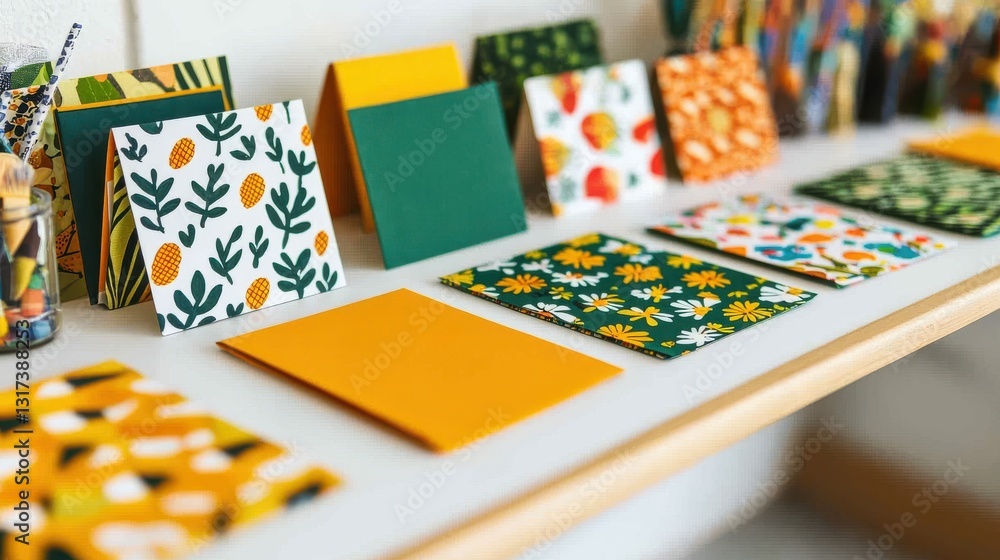 A vibrant display of patterned greeting cards and envelopes in various colors, showcasing floral and fruit creations on a wooden shelf. A vibrant display of patterned greeting cards and envelopes in various colors, showcasing floral and fruit creations on a wooden shelf.