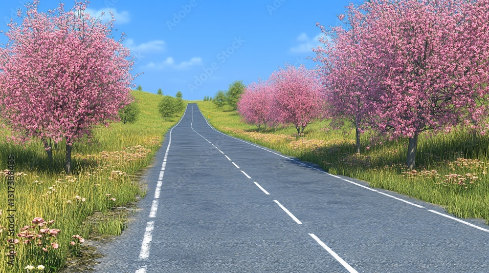 Fototapeta premium Spring road trip, scenic highway, blooming trees, sunny day, travel ad