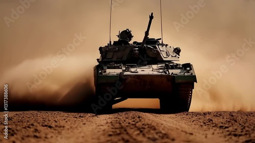 Military tank driving fast on dirt road in desert with dust cloud, cinematic and dynamic