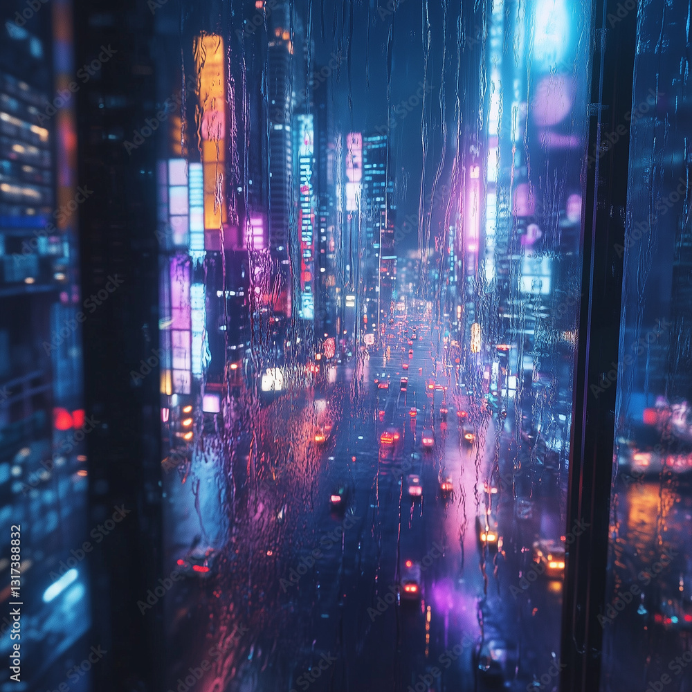 Fototapeta premium A futuristic cityscape at night, viewed through a rain-covered window with blurred neon reflections