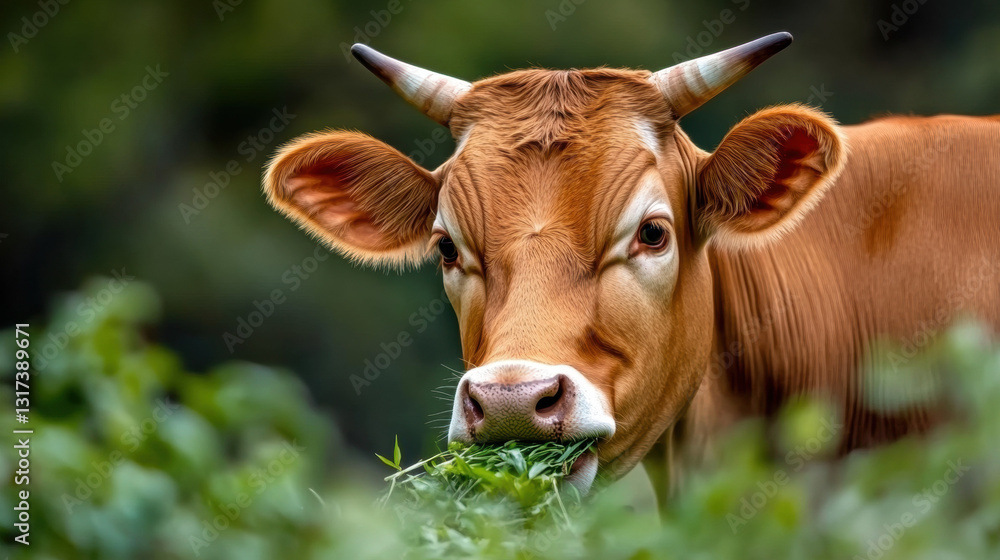 Contented cow grazing on lush green grass in a serene and realistic farm environment captured in natural light Contented cow grazing on lush green grass in a serene and realistic farm environment captured in natural light