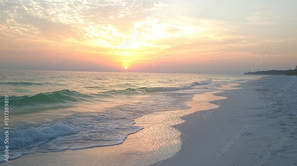 Serene sunset over calm ocean waves on a white sandy beach. Serene sunset over calm ocean waves on a white sandy beach.