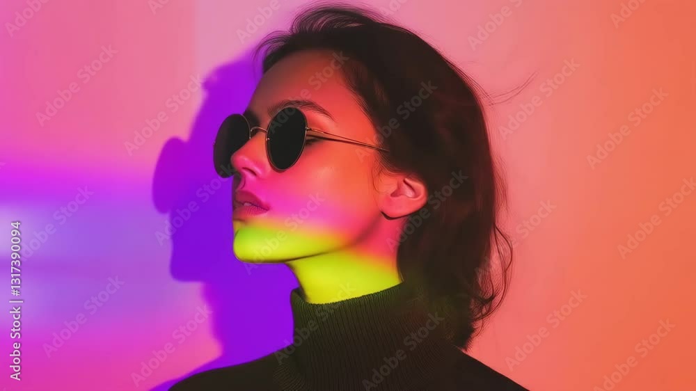 Woman in sunglasses with rainbow light face in studio. Bright style, colorful concept. Text space. Woman in sunglasses with rainbow light face in studio. Bright style, colorful concept. Text space.
