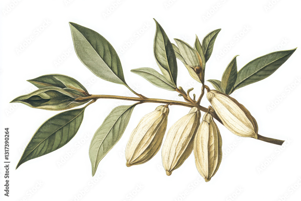 Obraz premium Illustration of a branch with elegant green leaves and creamy seed pods, showcasing natural beauty and botanical detail.
