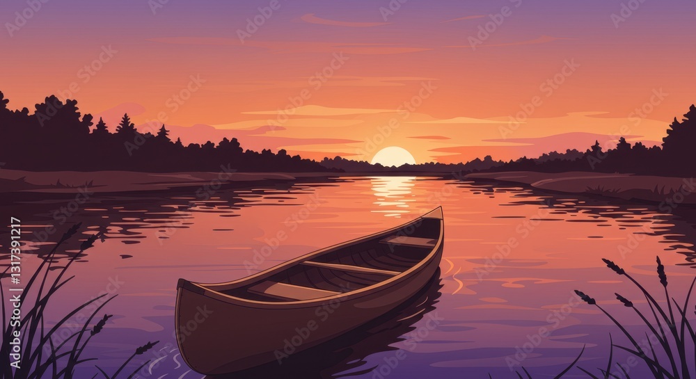 Obraz premium Cartoon Canoe on River Sunset