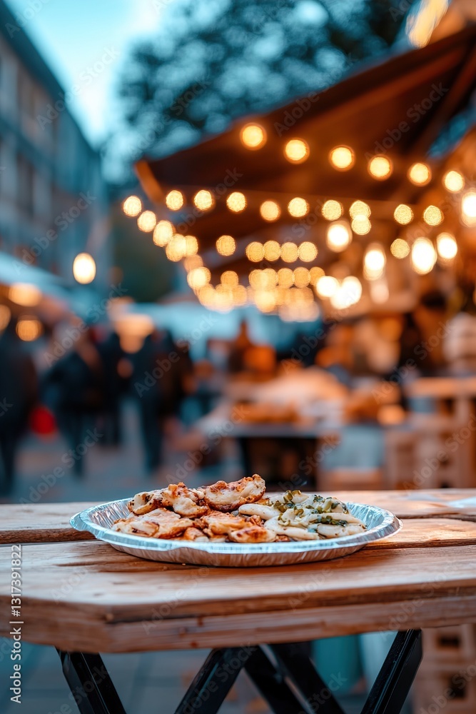 Fototapeta premium A disposable plate with food sits on a wooden table at a lively night market. Glowing lights and blurred figures enhance the intimate and bustling atmosphere